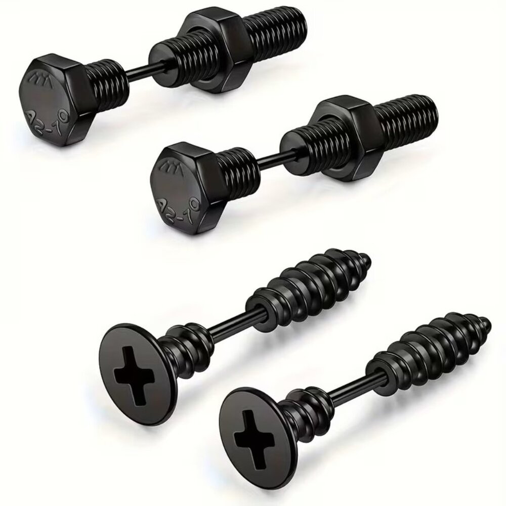 2 Pair Black OR Silver Screw & Bolt Earrings Z4